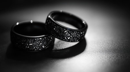 Two elegant black wedding bands with intricate floral designs shine on a dark surface, symbolizing love and commitment for couples, perfect for romantic celebrations.の素材