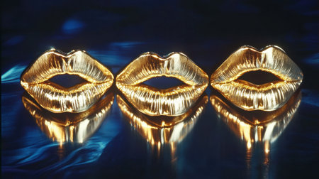 Stunning image of shiny gold lips reflecting light, set against a vibrant blue water background, perfect for beauty and fashion themes.の素材