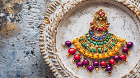 A stunning piece of vibrant ethnic jewelry displayed elegantly on a decorative plate, capturing the essence of tradition and artistic craftsmanship.の素材