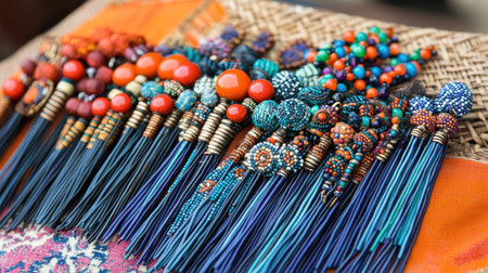 This captivating image showcases a collection of colorful handmade beaded hair accessories, featuring intricate designs and textures, ideal for fashion enthusiasts.の素材