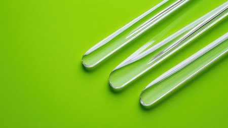 This image features clear glass test tubes arranged on a vibrant green background, ideal for scientific themes, laboratory presentations, and educational materials.の素材
