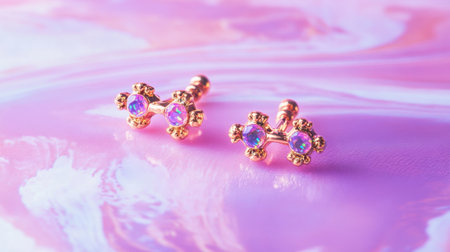 Showcase of elegant gold stud earrings featuring colorful opal stones set against a soft pink swirl background, perfect for fashion lovers and jewelry enthusiasts.の素材