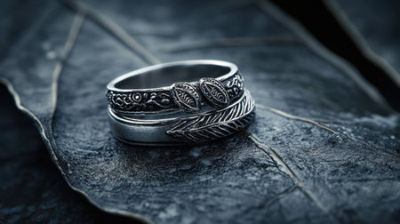 A close-up view of intricately designed silver rings arranged on a dark leaf background, showcasing detailed craftsmanship and natural elements.の素材