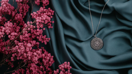 A stunning close-up of an elegant silver pendant resting on dark fabric, accompanied by pink flowers, perfect for conveying luxury and romance in creative designs.の素材