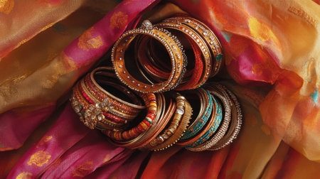 A stunning arrangement of colorful Indian bangles displayed against a vibrant drapery, ideal for showcasing cultural jewelry in festive settings.の素材