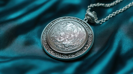 Close-up view of a vintage silver pendant featuring an intricate dragon design, set against a rich teal silk fabric. Perfect for jewelry lovers.の素材