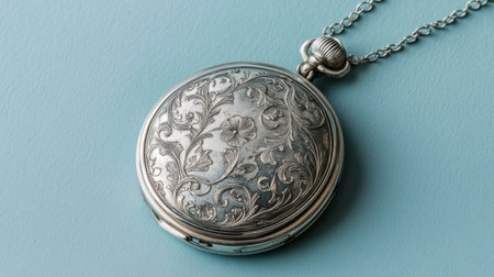 This vintage silver pocket watch features intricate floral engraving, showcasing exquisite craftsmanship against a soft blue backdrop, ideal for collectors.の素材