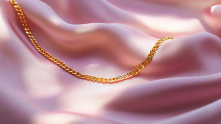 A stunning gold chain elegantly rests on soft pink silk satin fabric, capturing light for a luxurious feel, perfect for fashion and jewelry themes.の素材