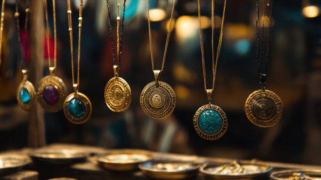 A stunning collection of gold necklaces hangs gracefully in an artisan market, showcasing colorful gemstones nestled in intricate designs.の素材