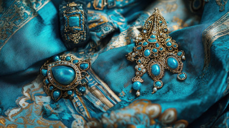 This artistic display features exquisite turquoise jewelry pieces arranged elegantly on luxurious silk fabric, showcasing rich colors and intricate designs.の素材