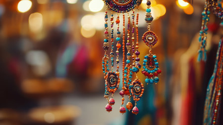 A closeup image of vibrant handmade jewelry featuring intricate designs and colorful beads, creating a unique and artistic display in a lively market.の素材