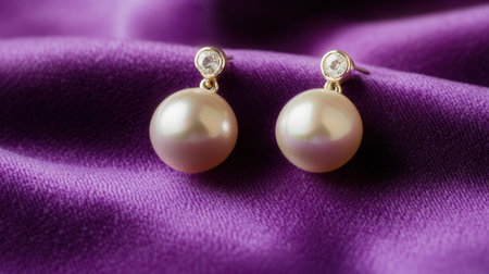 This captivating image showcases elegant pearl earrings with a sparkling accent, artfully arranged on a luxurious purple fabric. The soft texture and vibrant color enhance the beauty of the jewelry.の素材