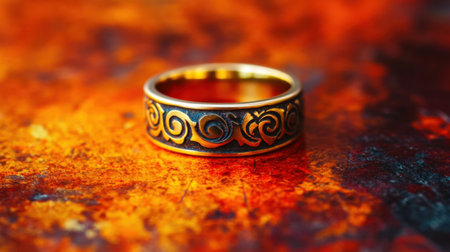 This captivating image features an elegant gold ring adorned with a delicate swirl design, set against a fiery and vibrant background. Perfect for showcasing luxury and craftsmanship.の素材