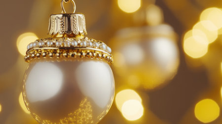 This close-up photo captures an elegant Christmas ornament with a golden cap, set against a soft bokeh background, evoking festive warmth and charm.の素材