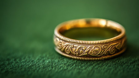 This beautiful close-up features an elegant gold ring with intricate engravings resting on a rich green surface, perfect for showcasing luxury and romance.の素材