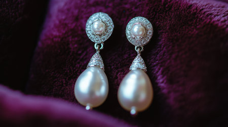 Stunning pair of pearl earrings featuring intricate silver and diamond accents, beautifully displayed against a plush fabric background, perfect for special occasions.の素材