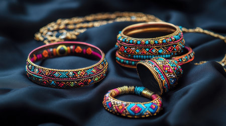 This image showcases a stunning array of colorful handmade jewelry, featuring unique designs and intricate beadwork, beautifully arranged on dark fabric.の素材