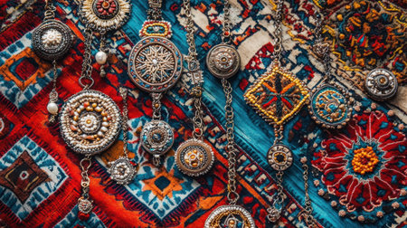 This image features a stunning array of vintage jewelry arranged on a vibrant textile background, highlighting intricate designs and craftsmanship. Perfect for showcasing elegance and artistic heritage in design.の素材