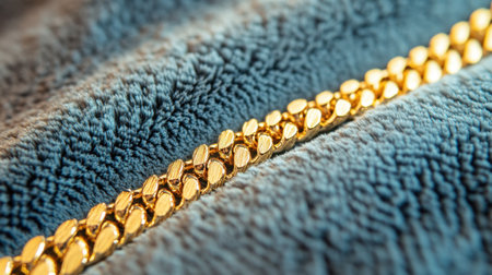 This close-up image captures a gleaming golden chain resting on a soft, textured fabric, highlighting luxury and elegance in jewelry design.の素材