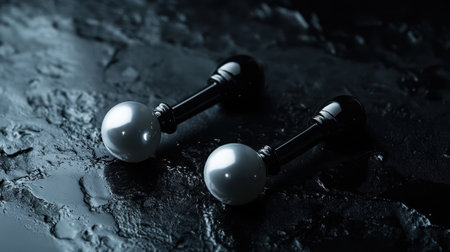 This stunning image features elegant black and white earrings with glossy pearls against a rich, textured dark background, perfect for luxury-themed projects.の素材