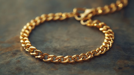 This close-up image showcases a shiny gold chain bracelet resting on a textured surface, highlighting its craftsmanship and elegant design.の素材