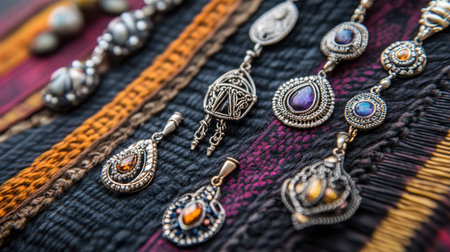 Close-up image of stunning handcrafted jewelry featuring silver pendants and colorful gemstones against vibrant textured textiles, showcasing artistry and elegance.の素材