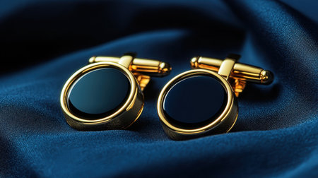 This image features elegant black cufflinks resting on dark fabric, showcasing a refined style perfect for formal occasions and sophisticated attire.の素材