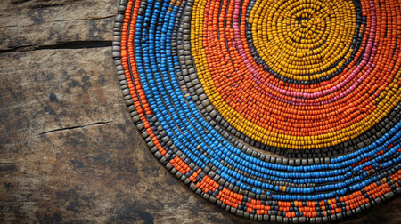 This image captures a stunning array of vibrant handcrafted beads arranged in a circular pattern on a rustic wooden surface, highlighting artistic skill and cultural richness.の素材