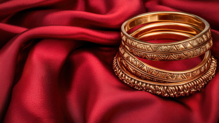 This stunning image features elegant golden bracelets beautifully arranged on luxurious red silk. The rich fabric enhances the jewelry's intricate designs, making it perfect for fashion and accessory themes.の素材