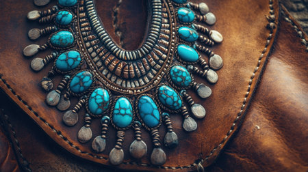 This captivating image features a handcrafted turquoise necklace set against a rich leather background, highlighting the intricate details and vibrant colors. Perfect for showcasing artisan craftsmanship and unique fashion jewelry.の素材
