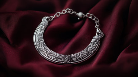 This elegant silver bracelet features intricate Greek patterns, resting on sumptuous burgundy fabric, showcasing craftsmanship and timeless beauty.の素材