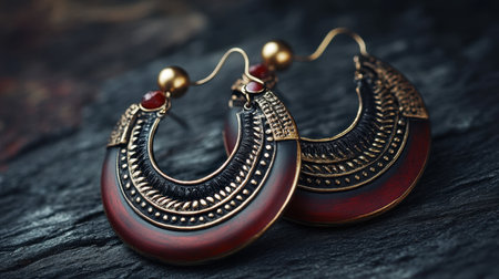 Captivating earrings featuring rich red hues and intricate gold detailing, perfect for adding a touch of elegance to any outfit or occasion.の素材