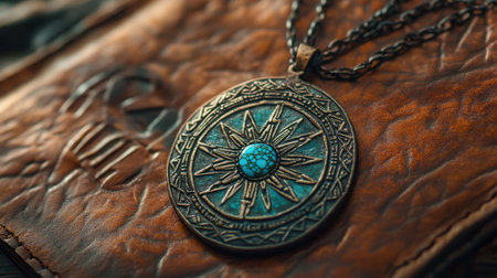 This beautiful vintage pendant features intricate designs and a vibrant turquoise gem, set against a rich leather background, perfect for showcasing unique style.の素材