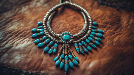 This striking jewelry pendant features intricate turquoise stones set in detailed metalwork, elegantly displayed on a rustic leather surface, showcasing artistry and style.の素材