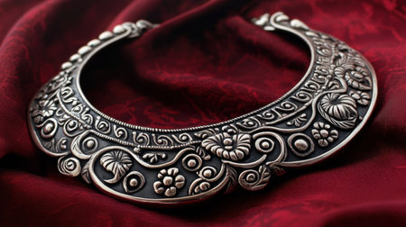 A beautiful closeup of an ornate silver necklace adorned with floral designs, resting against a rich burgundy fabric, showcasing exquisite craftsmanship and elegance.の素材