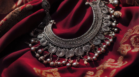 This captivating image features an intricately designed silver necklace elegantly placed on rich red fabric, highlighting the beauty of traditional craftsmanship.の素材