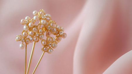 Discover an enchanting display of floral hair accessories adorned with pearls, set against a soft blush fabric backdrop, ideal for weddings or formal events.の素材