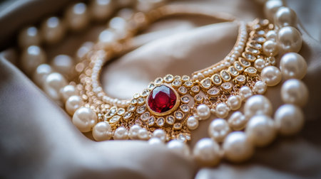 This stunning necklace features exquisite pearls and a radiant ruby centerpiece. Its intricate diamond detailing enhances the luxury and elegance, perfect for special occasions.の素材