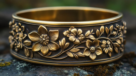 This exquisite bronze bracelet features stunning floral engravings, showcasing intricate craftsmanship and elegant design, perfect for jewelry enthusiasts.の素材