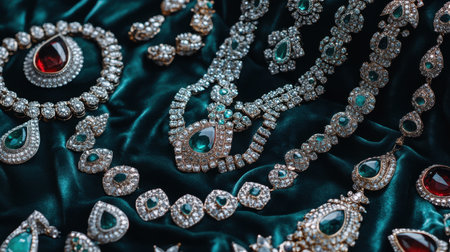 Discover an elegant arrangement of exquisite jewelry featuring sparkling gemstones and intricate designs on a luxurious velvet background, perfect for fashion and luxury themes.の素材