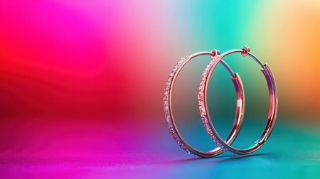 Stunning silver hoop earrings adorned with sparkling accents set against a vibrant, colorful background. Perfect for showcasing style and elegance.の素材