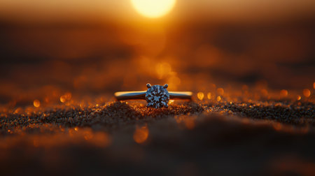 A close-up view of an elegant diamond ring resting on sandy beach, illuminated by a warm sunset glow, creating a romantic and intimate atmosphere.の素材