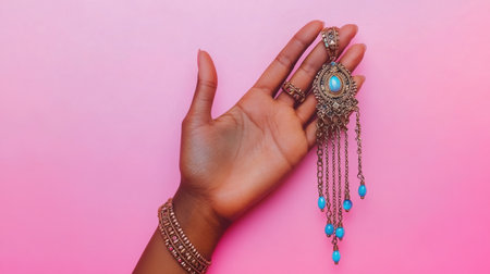 A hand elegantly displays a piece of vintage turquoise jewelry, featuring intricate designs and sparkling details against a striking pink background.の素材