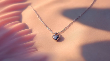 A stunning heart pendant necklace rests on a soft pink surface, capturing delicate shadows and gentle light, highlighting beauty and elegance.の素材