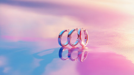 This captivating image features three elegant silver hoop earrings arranged against a soft pastel background, showcasing vibrant colors and smooth reflections.の素材