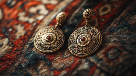 This stunning image features intricate antique-style earrings placed on a richly textured vintage fabric background, showcasing elegance and artistry in jewelry design.の素材