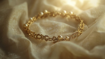 A beautifully crafted gold bracelet embellished with pearls, softly laid on delicate fabric, highlighted by dreamy lighting, ideal for luxury-themed visuals.の素材