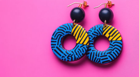A striking pair of colorful geometric earrings featuring blue and yellow patterns set against a vibrant pink background. Perfect for fashion accessory photography.の素材