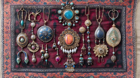 This captivating image features a diverse collection of antique and vintage jewelry items displayed on a richly textured fabric background. The intricate designs and unique stones highlight the artistry and craftsmanship behind each piece.の素材