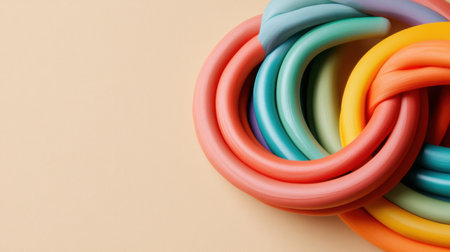 Vibrant and colorful interwoven rubber bands create an eye-catching visual on a soft pastel backdrop, perfect for inspiring creativity and artistic projects.の素材